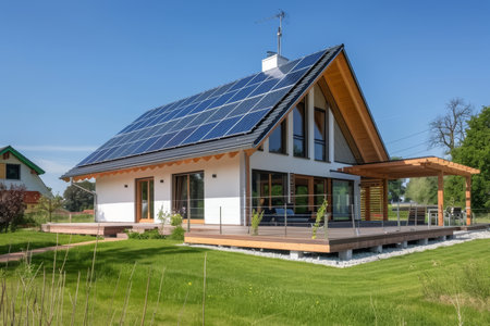 Modern eco-friendly passive house with photovoltaic system and solar panels on gable roofの写真素材