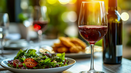 A vibrant table setting features a sleek red wine glass paired with a colorful fresh salad and diverse appetizers, creating a sophisticated dining atmの写真素材