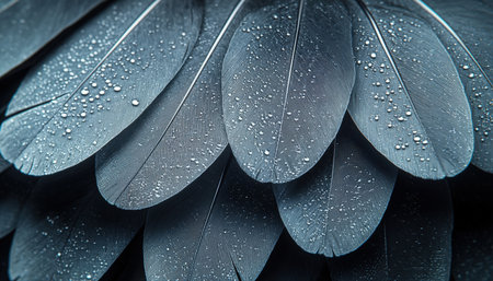 Textured black feathers glisten with tiny water beads, highlighting their intricate structure and creating a moody, reflective atmosphere.の写真素材