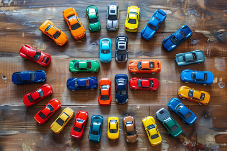 Colorful collection of toy cars arranged in circle in kids playroom settingの写真素材