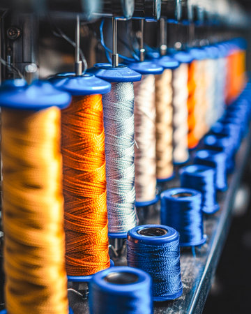 Vibrant spools of thread in various hues are meticulously organized on a rack, capturing the creative essence of a bustling textile workspace.の写真素材