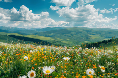 Idyllic mountain landscape with green meadows and blooming wildflowers on a sunny dayの写真素材