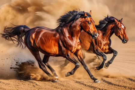 Three majestic horses galloping along the sandy field in high quality image with dynamic motion