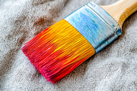 Vibrant artist's brush rests on rough-textured fabric, showing lively streaks of red, yellow, and pink bristles amid creative inspiration.の写真素材