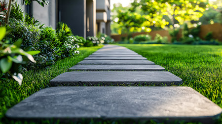 A sleek, curved pathway crafted from smooth stones winds through vibrant greenery and blooming flowers, creating an inviting outdoor retreat.の写真素材