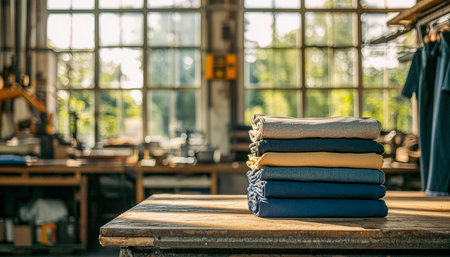 A precise arrangement of freshly folded textiles on a warm wooden surface, illuminated by vibrant...