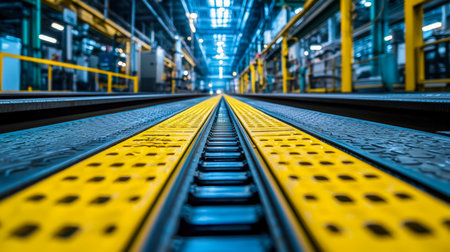 A sprawling indoor setting with streamlined tracks bordered by bright yellow safety markings, complemented by cutting-edge industrial equipment and aの写真素材