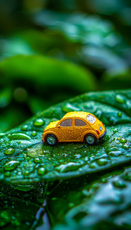 A small vibrant yellow vehicle rests delicately atop a glistening green leaf, adorned with...