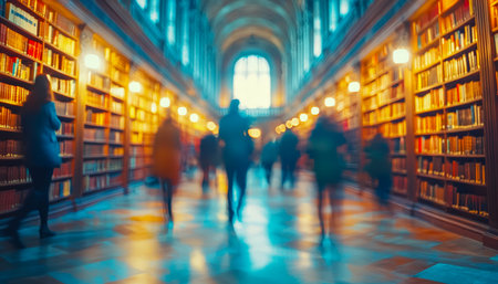 An indistinct view of an ancient library's cozy ambiance, filled with visitors exploring towering bookshelves, evoking knowledge and timeless charm.の写真素材