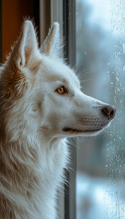 A gentle white dog with soulful eyes looks pensively through a rain-speckled glass, capturing a quiet moment of reflection and longing.の写真素材
