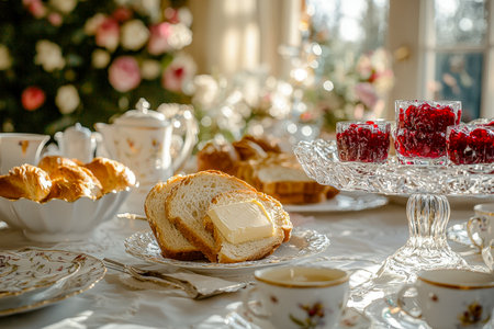 A refined holiday spread showing freshly baked bread, flaky croissants, creamy butter, and vibrant berry preserves, perfect for festive gatherings.の写真素材