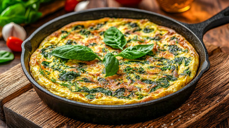 Vibrant green spinach and fragrant basil herbs meld into a fluffy frittata, sizzling in a rustic cast iron skillet atop a weathered wooden surface.の写真素材