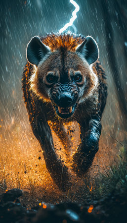 A wild hyena sprints across wet terrain amidst a thunderstorm, with jagged lightning illuminating a dark, stormy sky behind it.の写真素材