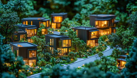 Sleek, sustainable homes nestled among vibrant greenery, glowing warmly from within as daylight...