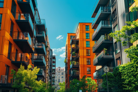 sunny day. modern apartments surrounded by greenery in urban residential area of cityscapeの写真素材