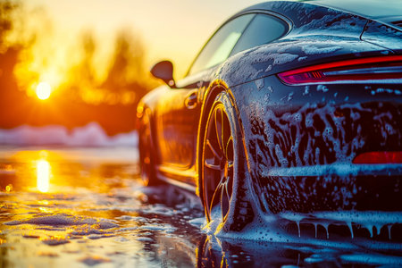 A shiny black speedster bathed in foam against a winter twilight, reflecting icy surroundings and...