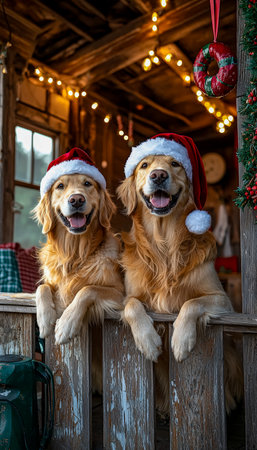 Two cheerful golden retrievers don festive red Santa hats amidst twinkling holiday decor, radiating warmth and joy in a cozy seasonal scene.の写真素材