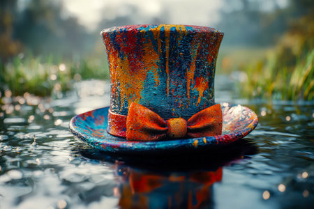 Brightly decorated formal headwear with matching bow accessory gently drifts on a tranquil water surface amidst lush greenery, evoking whimsy and elegの写真素材