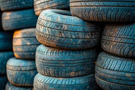 Piles of worn rubber tires rest outdoors, creating a rugged, industrial scene with a gritty atmosphere suited for environmental or automotive themes.の写真素材