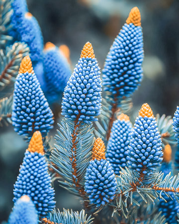 Brightly colored blue and orange pine cones nestle amidst lush blue-green pine branches, evoking a lively, natural palette ideal for autumn-themed desの写真素材