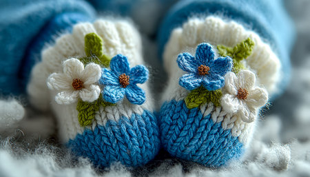 Soft, handcrafted infant footwear featuring detailed embroidery of delicate flowers, perfect for gifting or nursery decor in tender, cozy tones.の写真素材