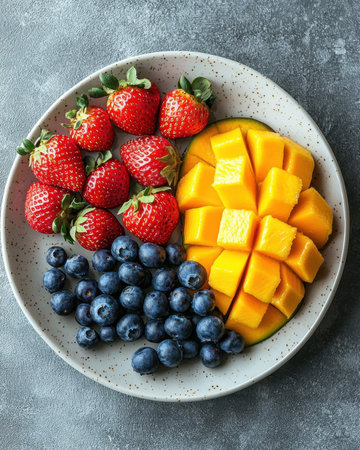 Vibrant selection of ripe berries and yellow mango cubes artfully arranged on a stylish ceramic dish, evoking freshness and tropical flavor.の写真素材