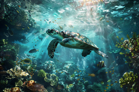 Vibrant underwater ecosystem with diverse marine life and majestic swimming sea turtleの写真素材