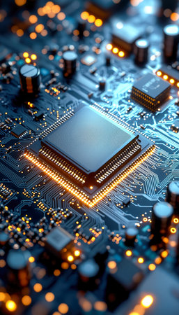 A detailed view of a circuit board highlighting a glowing microprocessor surrounded by intricate...