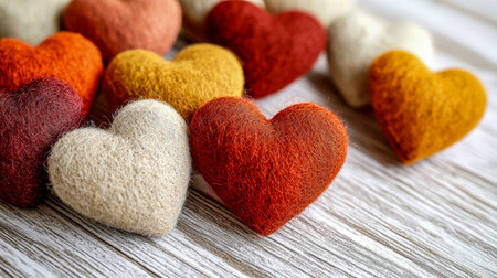 Vibrant felt hearts are artfully spread across weathered wood, creating a cozy, heartfelt scene ideal for celebrating love and romantic moments.の写真素材