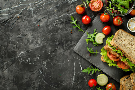 Nutritious lunch box with delicious sandwich, fresh vegetables, and fruits on a rustic stone tableの写真素材
