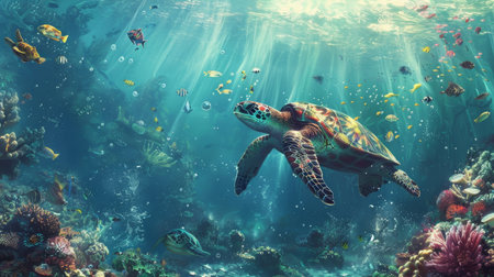 Colorful marine life and majestic turtle in stunning high-quality underwater imageの写真素材