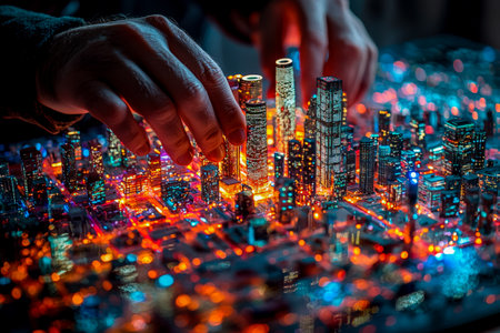 Person's hands fine-tune a vivid, glowing miniature city skyline illuminated in multicolored lights, creating a vibrant urban scene after dark.の写真素材