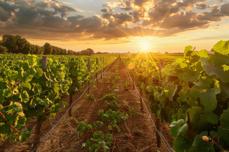 Stunning summer sunset scenery of a picturesque vineyard landscape with ripe grapesの写真素材