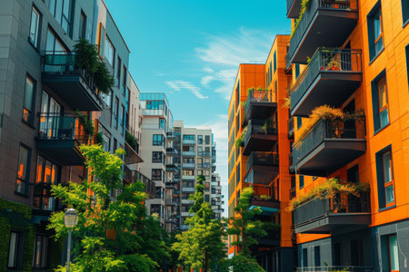 Sunny day in green city. modern apartment buildings in urban residential area on a sunny dayの写真素材