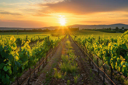 Gorgeous summer vineyard sunset - relaxing winery landscape with lush grapevines at duskの写真素材