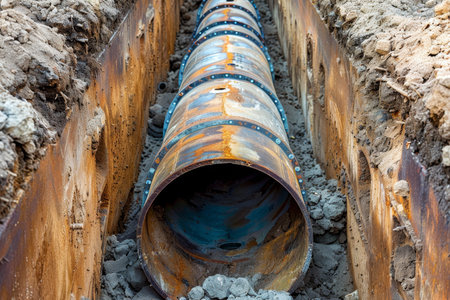 Metal pipe installation process in trench for underground water line construction project
