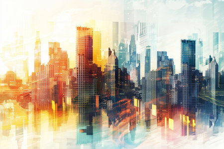 Futuristic city skyline with modern buildings representing and progressの写真素材