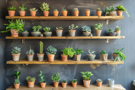 Beautiful wall decoration with lush green plants in stylish pots on elegant wooden shelvesの写真素材