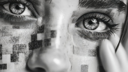 An intense black-and-white portrait highlighting a woman's bold makeup, amplified by digital distortion effects that evoke a futuristic, edgy atmospheの写真素材