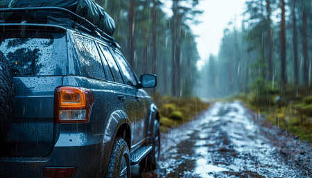 A rugged vehicle kicks up mud along a wet forest path, rain-soaked trees and overcast skies emphasizing adventure and resilience in nature.の写真素材