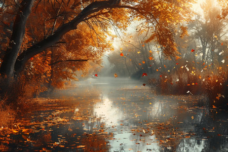 Beautiful autumnal park. scenic fall nature landscape with colorful trees and falling leavesの写真素材