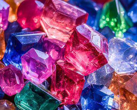 A vibrant collection of polished glass pebbles in bright hues, complemented by clear gemstones of assorted forms, creating an elegant, artistic displayの写真素材