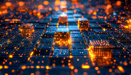 A sleek digital landscape featuring luminous data cubes and interconnected grid lines, evoking...