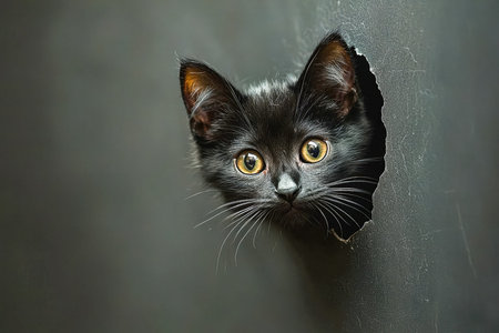 A small, inquisitive black feline examines a mysterious opening in a shadowy wall, capturing a...