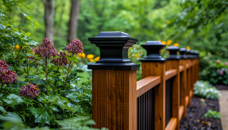 A rustic wooden barrier featuring sleek black caps, seamlessly blending into a verdant garden scene filled with vibrant foliage and blooming flowers.の写真素材