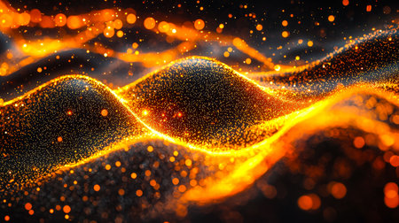 Vibrant orange and deep black undulating forms illuminated with shimmering particles create a dynamic and captivating abstract scene.の写真素材
