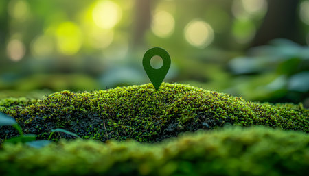 A detailed shot of lush green moss covering damp forest ground, accented by a digital location marker icon, ideal for nature or navigation themes.の写真素材