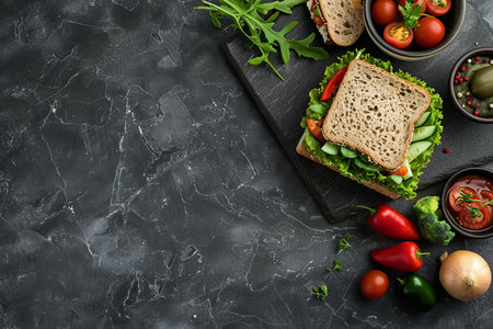 Nutritious lunch box with sandwich and vegetables on stone table, healthy eating conceptの写真素材