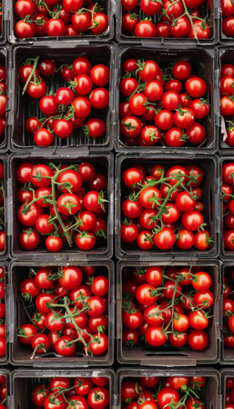 Fresh organic red tomatoes at summer farmers market, agriculture background imageの写真素材