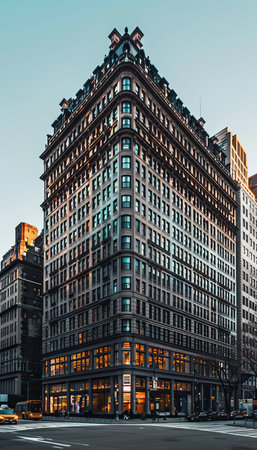 Symmetrical glass building adorning city skyline with unique modern architecture